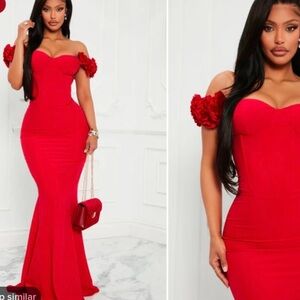 Fashion Nova Red Floral Off-Shoulder Gown
